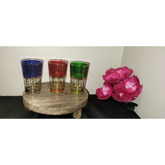 Kitchen Moroccan Moorish Style Green Drinking Glasses Gold Filigree